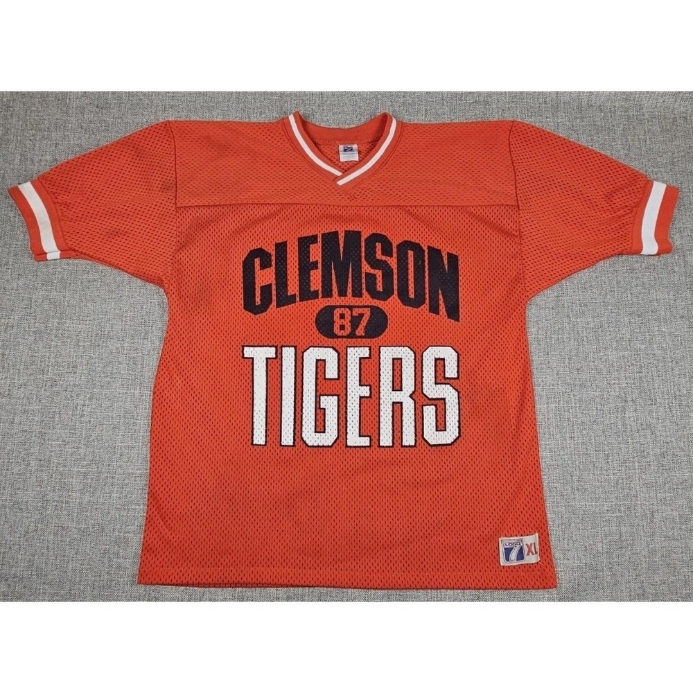 VINTAGE Clemson Tigers Jersey Mens XL Orange Logo 7 NCAA Football 80s 90s